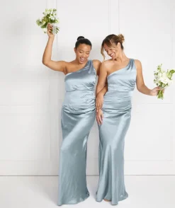 Clearance Six Stories One Shoulder Satin Ruched Bridesmaid Dress - Dusty Blue