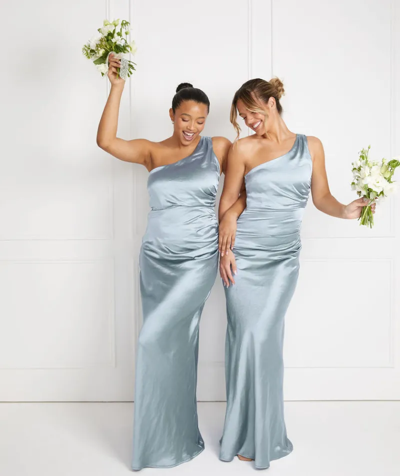 Clearance Six Stories One Shoulder Satin Ruched Bridesmaid Dress - Dusty Blue