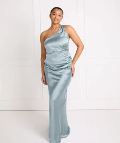 Clearance Six Stories One Shoulder Satin Ruched Bridesmaid Dress - Dusty Blue