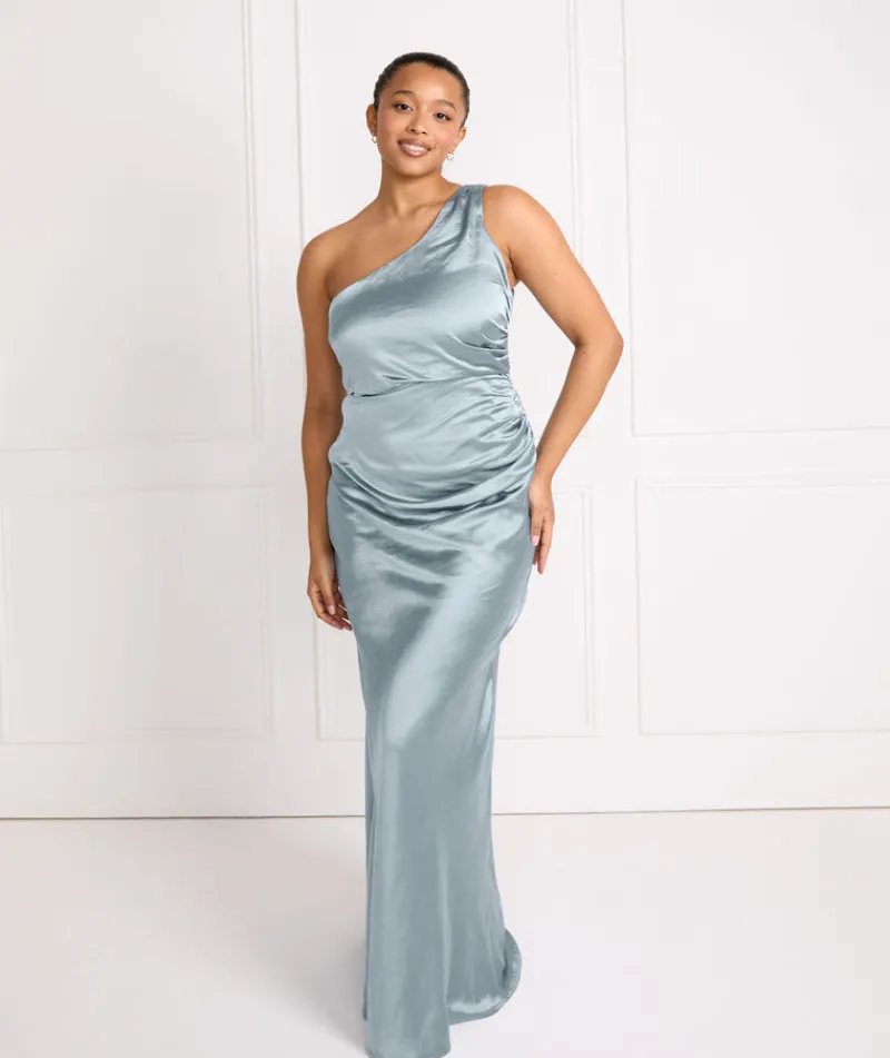 Clearance Six Stories One Shoulder Satin Ruched Bridesmaid Dress - Dusty Blue