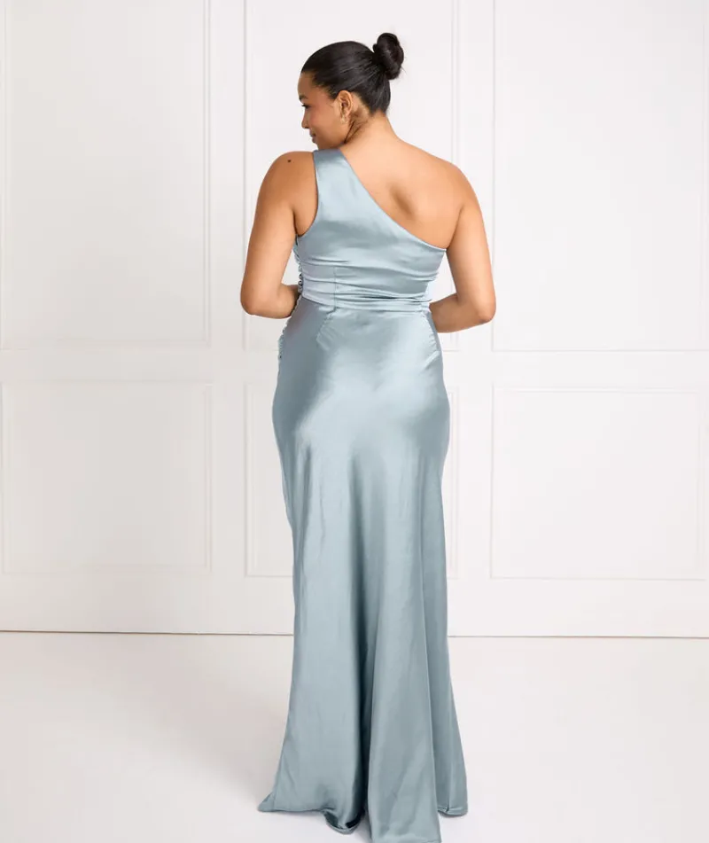Clearance Six Stories One Shoulder Satin Ruched Bridesmaid Dress - Dusty Blue