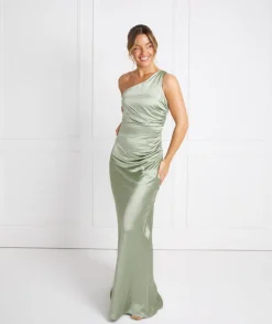 Discount Six Stories One Shoulder Satin Ruched Bridesmaid Dress - Sage