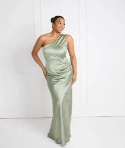 Discount Six Stories One Shoulder Satin Ruched Bridesmaid Dress - Sage