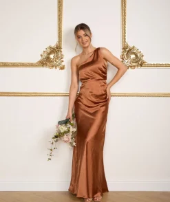 Online Six Stories One Shoulder Satin Ruched Bridesmaid Dress - Rust