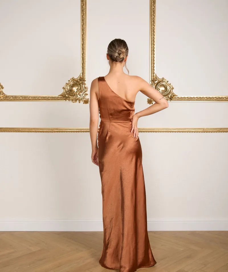 Online Six Stories One Shoulder Satin Ruched Bridesmaid Dress - Rust
