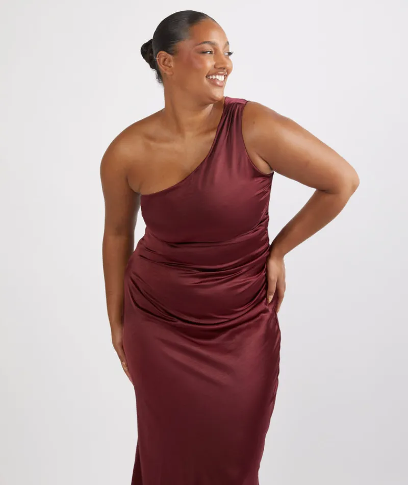 Discount Six Stories One Shoulder Satin Ruched Bridesmaid Dress - Deep Wine