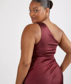 Discount Six Stories One Shoulder Satin Ruched Bridesmaid Dress - Deep Wine
