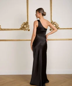 Discount Six Stories One Shoulder Satin Ruched Bridesmaid Dress - Black