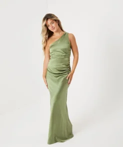 Clearance Six Stories One Shoulder Satin Ruched Bridesmaid Dress - Moss Green