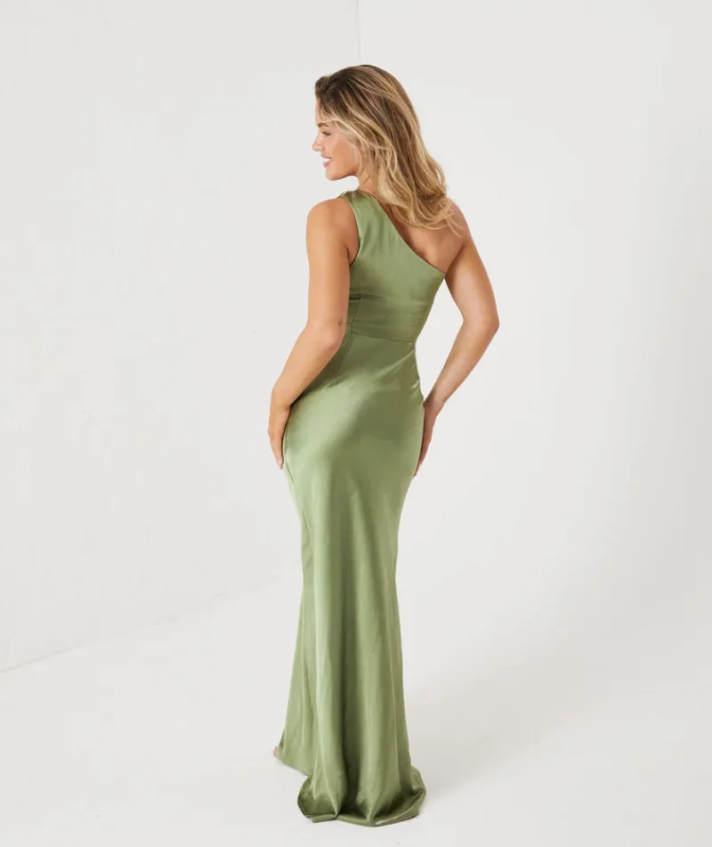 Clearance Six Stories One Shoulder Satin Ruched Bridesmaid Dress - Moss Green