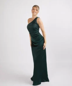 Discount Six Stories One Shoulder Satin Ruched Bridesmaid Dress - Emerald