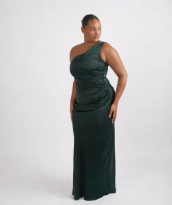 Discount Six Stories One Shoulder Satin Ruched Bridesmaid Dress - Emerald