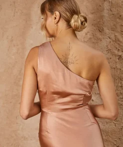 New Six Stories One Shoulder Satin Ruched Bridesmaid Dress - Burnt Peach