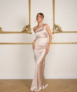 Online Six Stories One Shoulder Satin Ruched Bridesmaid Dress - Oyster