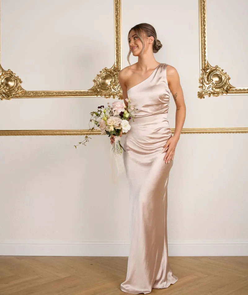 Online Six Stories One Shoulder Satin Ruched Bridesmaid Dress - Oyster