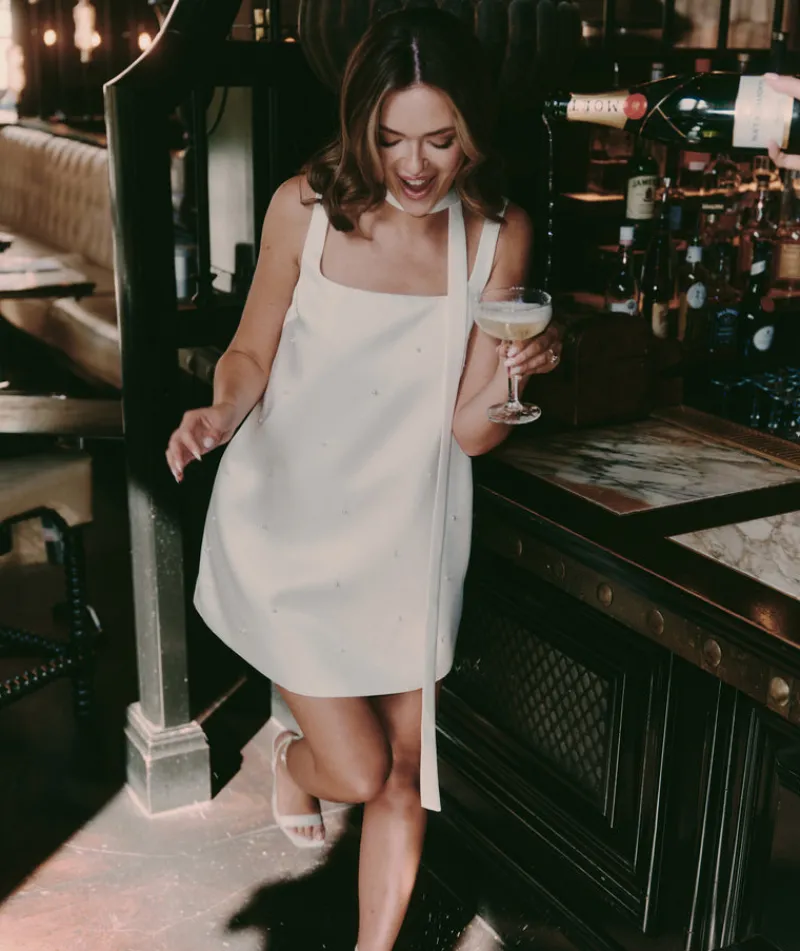 Online Six Stories Pearl Scatter Detail Mini Dress with Neck Scarf – White
