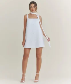 Online Six Stories Pearl Scatter Detail Mini Dress with Neck Scarf – White