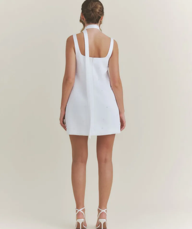 Online Six Stories Pearl Scatter Detail Mini Dress with Neck Scarf – White