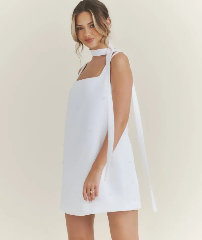 Online Six Stories Pearl Scatter Detail Mini Dress with Neck Scarf – White