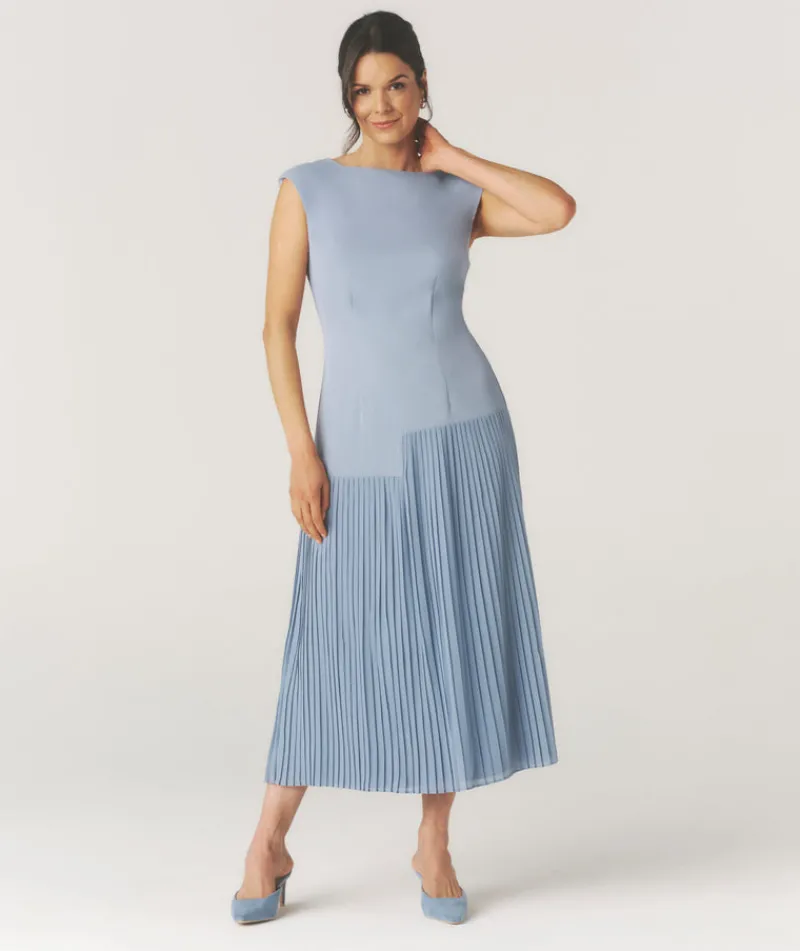 Clearance Six Stories Pleated Cap Sleeve Maxi Dress - Blue