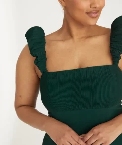 Clearance Six Stories Pleated Statement Shoulder Chiffon Bridesmaid Dress - Emerald