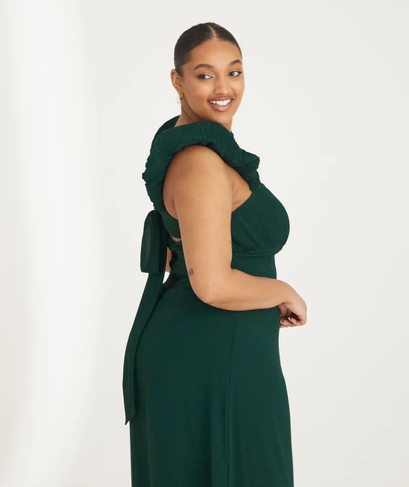 Clearance Six Stories Pleated Statement Shoulder Chiffon Bridesmaid Dress - Emerald