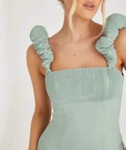 Six Stories Pleated Statement Shoulder Chiffon Bridesmaid Dress - Sage