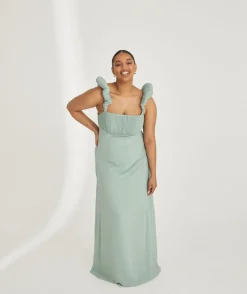 Six Stories Pleated Statement Shoulder Chiffon Bridesmaid Dress - Sage
