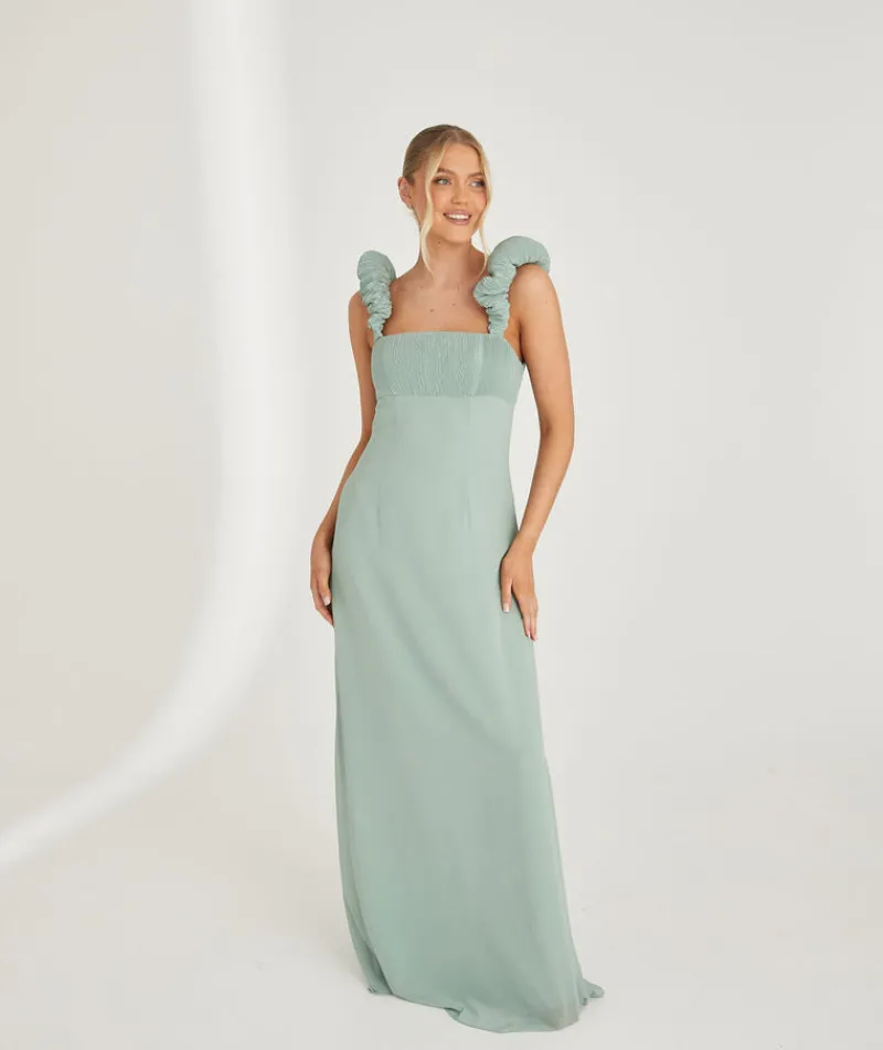 Six Stories Pleated Statement Shoulder Chiffon Bridesmaid Dress - Sage
