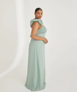 Six Stories Pleated Statement Shoulder Chiffon Bridesmaid Dress - Sage