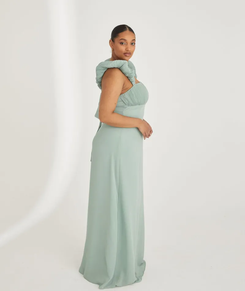 Six Stories Pleated Statement Shoulder Chiffon Bridesmaid Dress - Sage