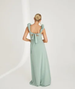 Six Stories Pleated Statement Shoulder Chiffon Bridesmaid Dress - Sage