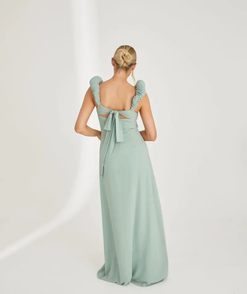 Six Stories Pleated Statement Shoulder Chiffon Bridesmaid Dress - Sage