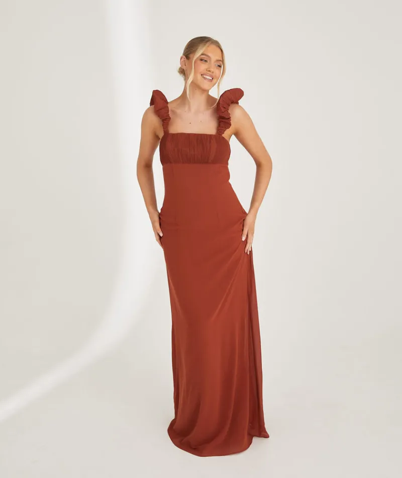 Clearance Six Stories Pleated Statement Shoulder Chiffon Bridesmaid Dress - Rust