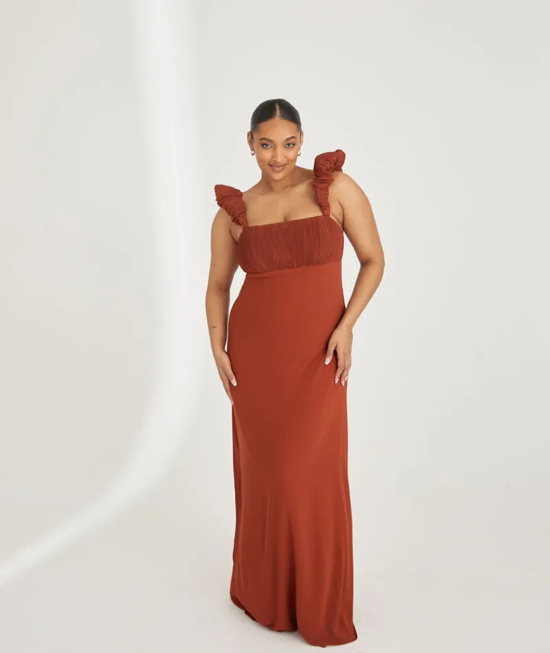 Clearance Six Stories Pleated Statement Shoulder Chiffon Bridesmaid Dress - Rust