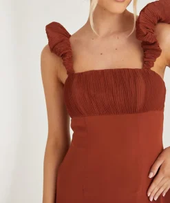 Clearance Six Stories Pleated Statement Shoulder Chiffon Bridesmaid Dress - Rust