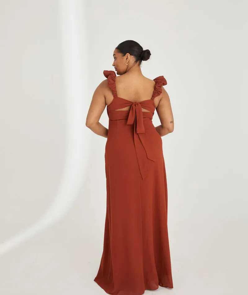 Clearance Six Stories Pleated Statement Shoulder Chiffon Bridesmaid Dress - Rust