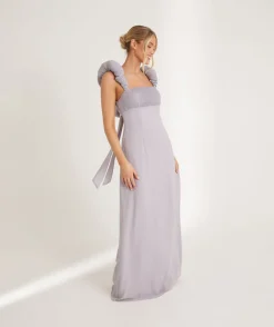 Outlet Six Stories Pleated Statement Shoulder Chiffon Bridesmaid Dress - Dusty Lilac