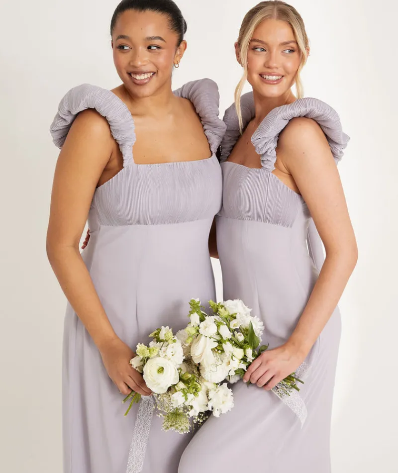 Outlet Six Stories Pleated Statement Shoulder Chiffon Bridesmaid Dress - Dusty Lilac