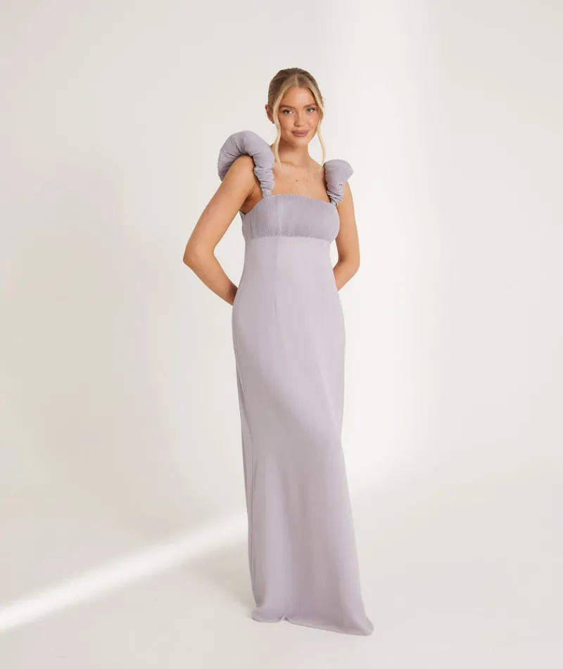 Outlet Six Stories Pleated Statement Shoulder Chiffon Bridesmaid Dress - Dusty Lilac