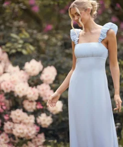 Outlet Six Stories Pleated Statement Shoulder Chiffon Bridesmaid Dress - Cornflower Blue