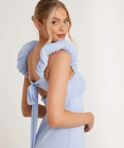Outlet Six Stories Pleated Statement Shoulder Chiffon Bridesmaid Dress - Cornflower Blue