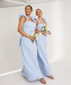 Outlet Six Stories Pleated Statement Shoulder Chiffon Bridesmaid Dress - Cornflower Blue