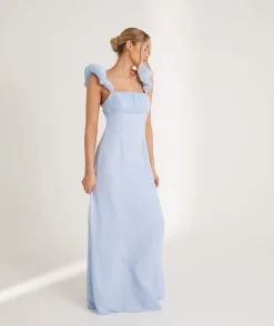 Outlet Six Stories Pleated Statement Shoulder Chiffon Bridesmaid Dress - Cornflower Blue