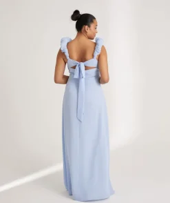 Outlet Six Stories Pleated Statement Shoulder Chiffon Bridesmaid Dress - Cornflower Blue