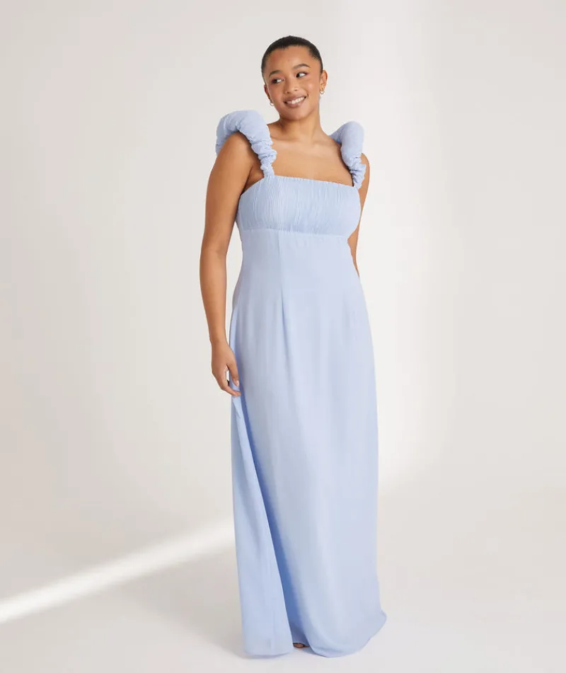 Outlet Six Stories Pleated Statement Shoulder Chiffon Bridesmaid Dress - Cornflower Blue