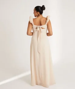 Six Stories Pleated Statement Shoulder Chiffon Bridesmaid Dress - Butter Cream