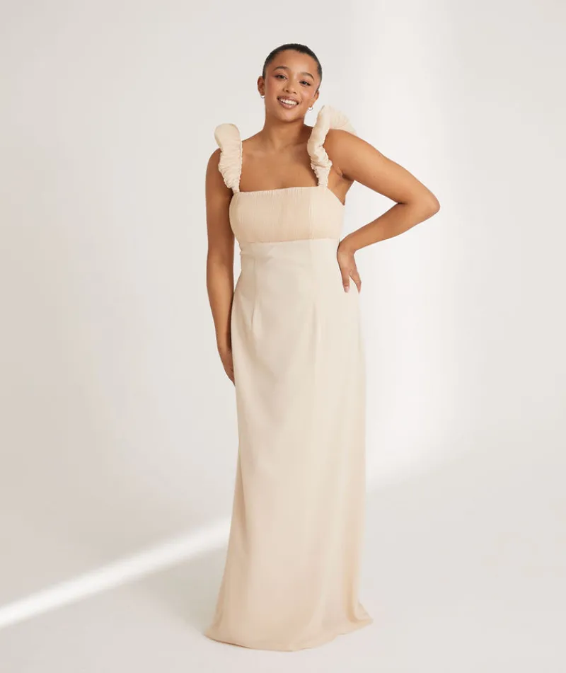 Six Stories Pleated Statement Shoulder Chiffon Bridesmaid Dress - Butter Cream