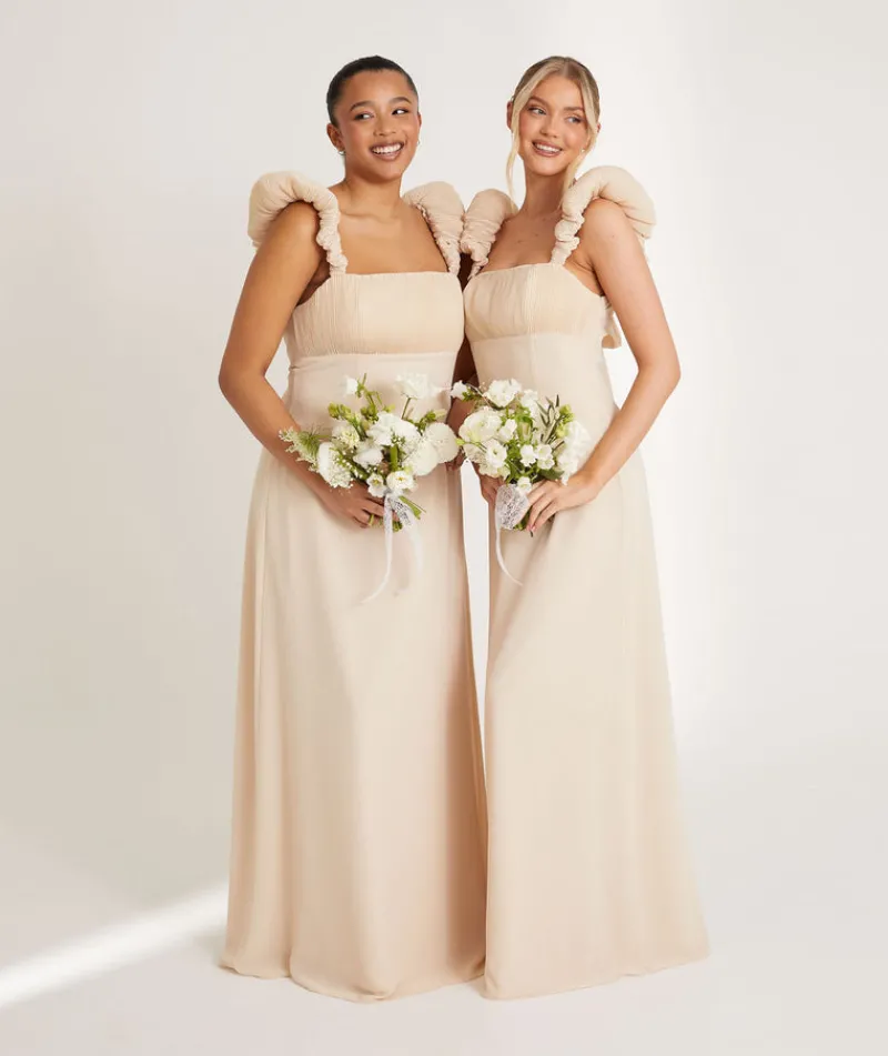 Six Stories Pleated Statement Shoulder Chiffon Bridesmaid Dress - Butter Cream