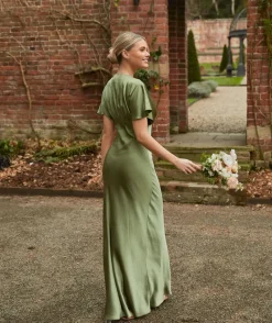 Outlet Six Stories Plunge Batwing Satin Bridesmaid Dress - Moss Green